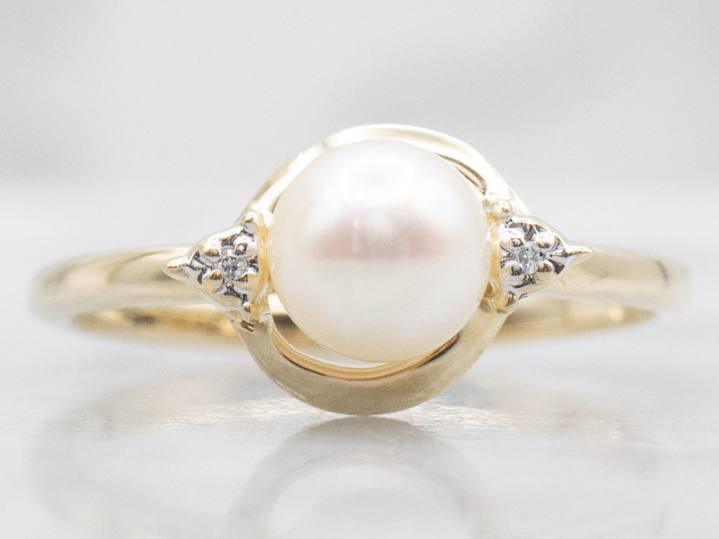 Yellow Gold Pearl Ring with Diamond Accents