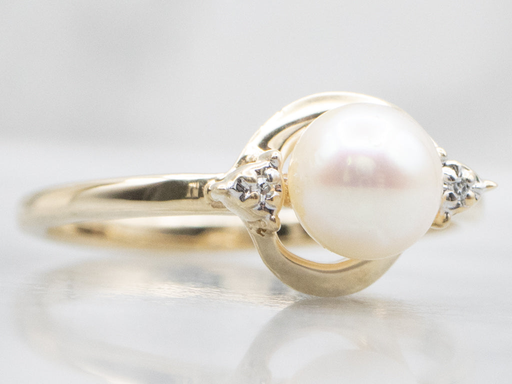 Yellow Gold Pearl Ring with Diamond Accents