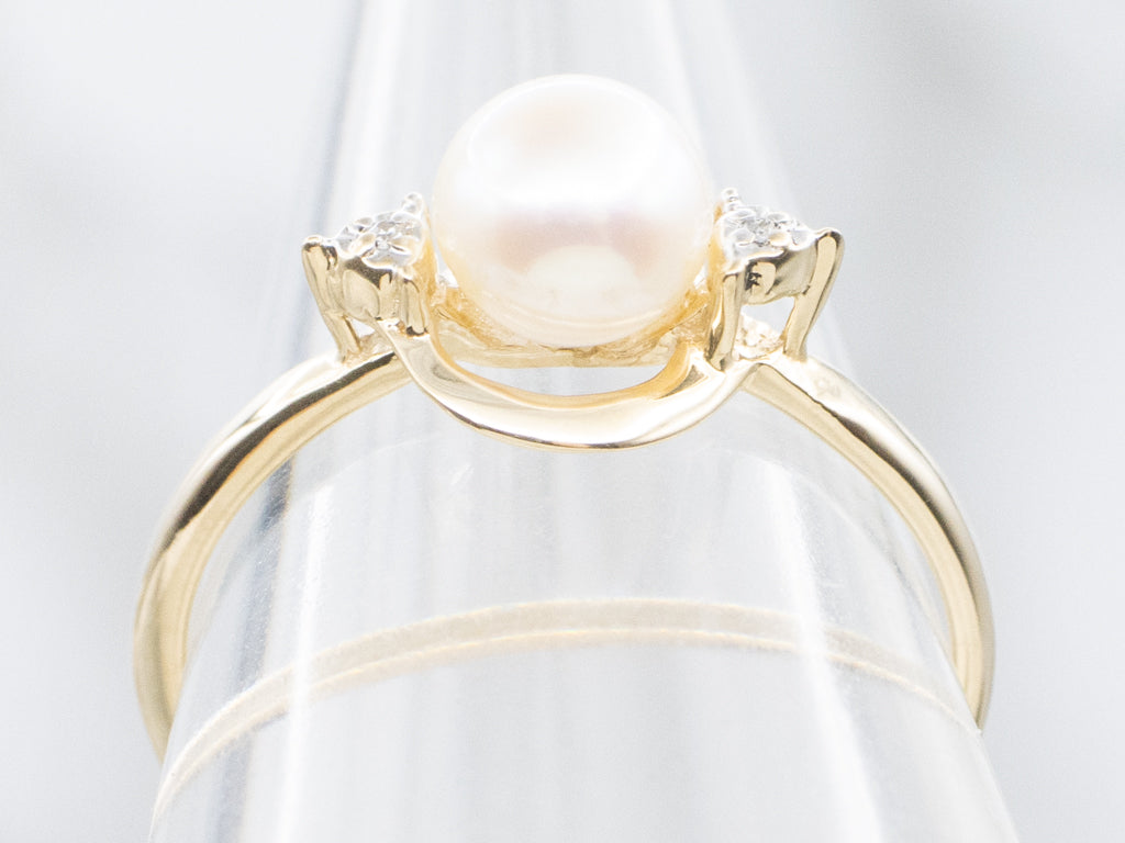 Yellow Gold Pearl Ring with Diamond Accents