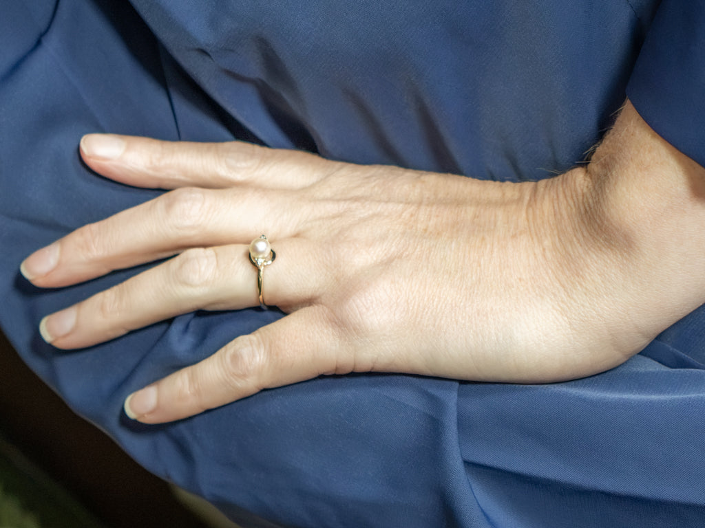 Yellow Gold Pearl Ring with Diamond Accents