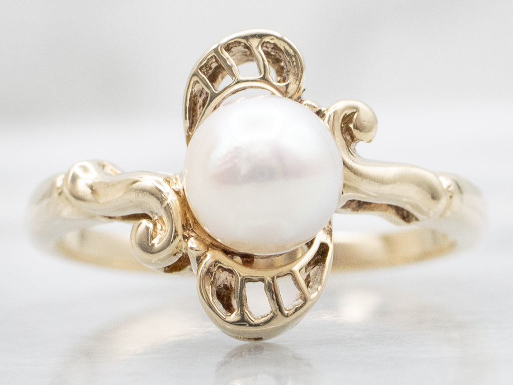 Mid-Century Yellow Gold Pearl Solitaire Ring