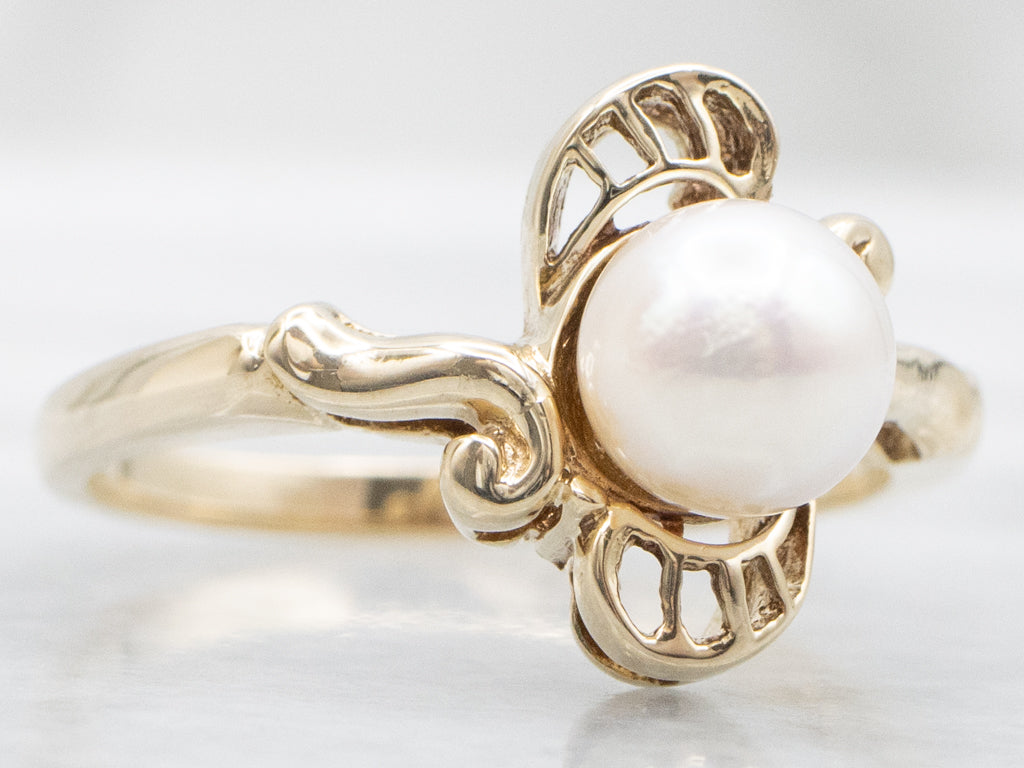 Mid-Century Yellow Gold Pearl Solitaire Ring