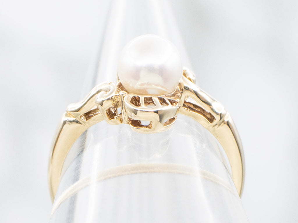 Mid-Century Yellow Gold Pearl Solitaire Ring