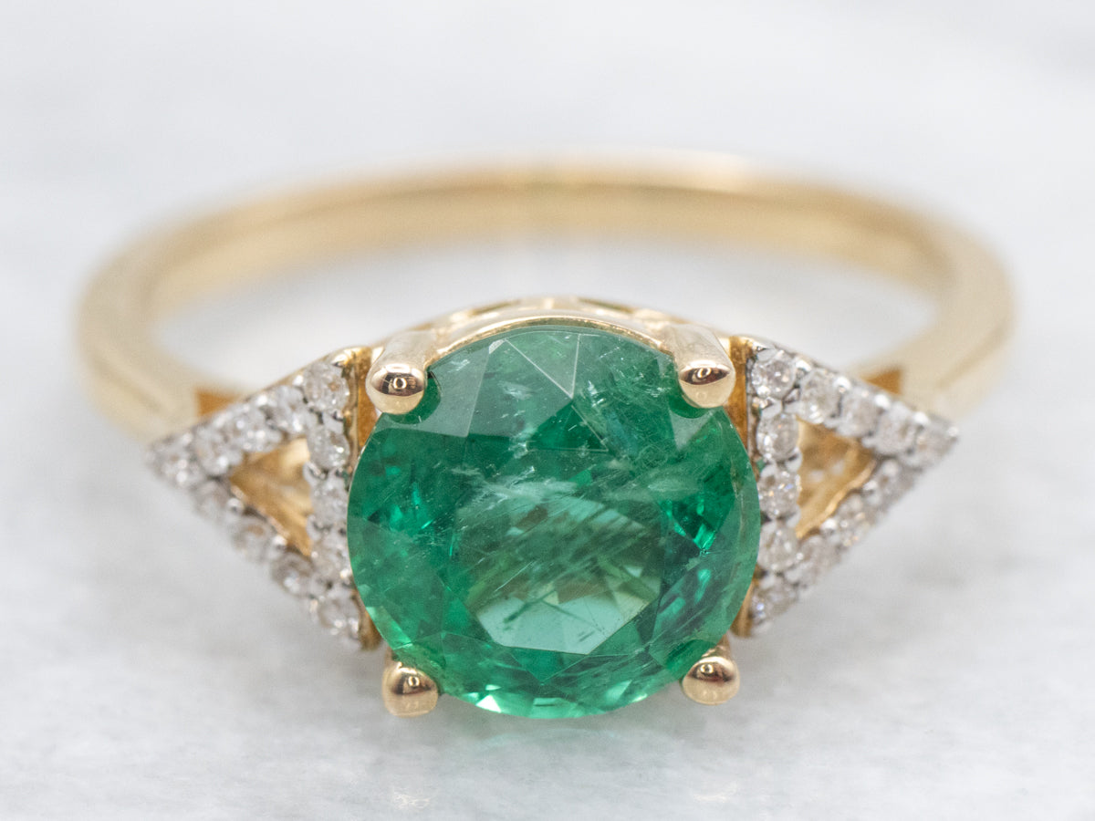 Modern Gold Emerald and Diamond Triangle Ring
