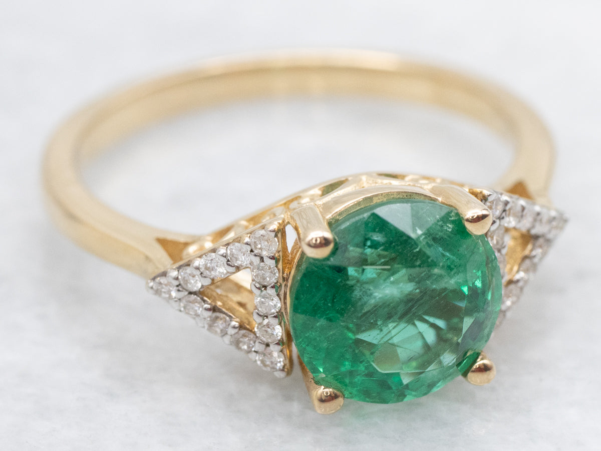 Modern Gold Emerald and Diamond Triangle Ring