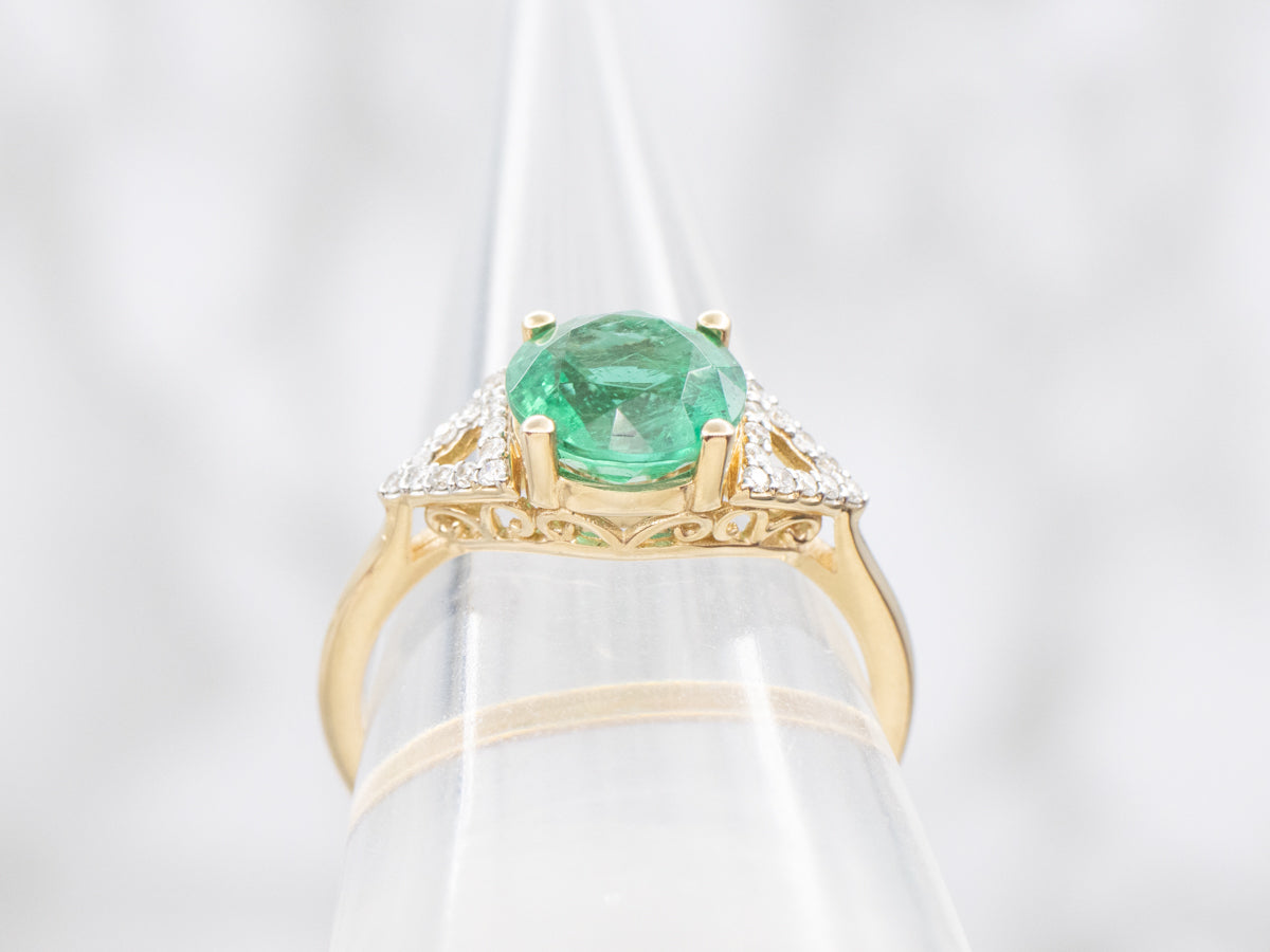 Modern Gold Emerald and Diamond Triangle Ring