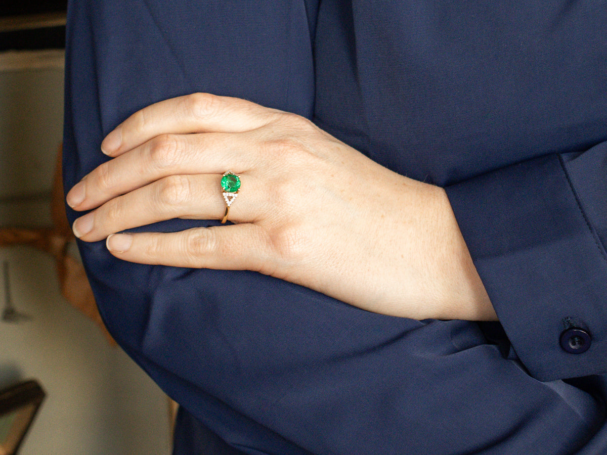 Modern Gold Emerald and Diamond Triangle Ring