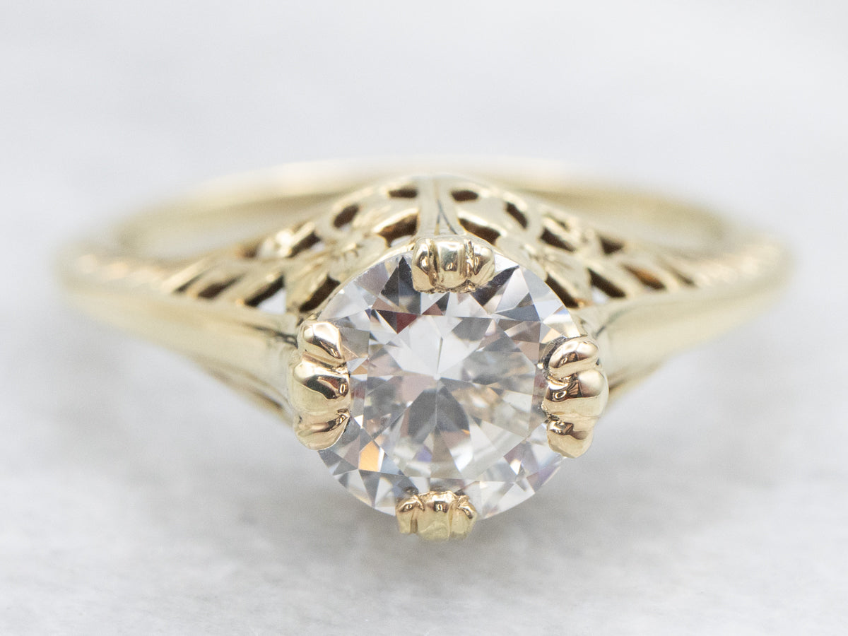 Round Brilliant One-Carat Art Nouveau Era Diamond Solitaire Engagement