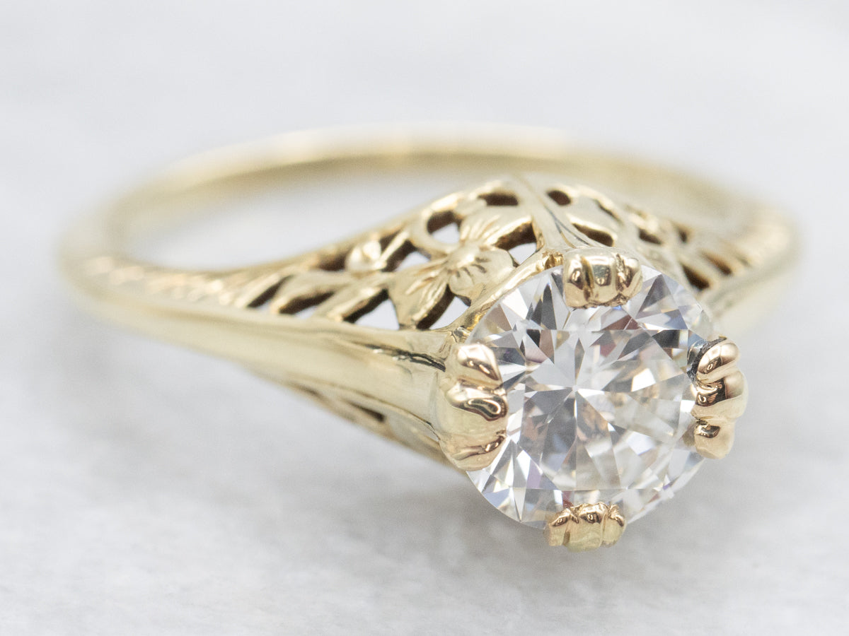 Round Brilliant One-Carat Art Nouveau Era Diamond Solitaire Engagement