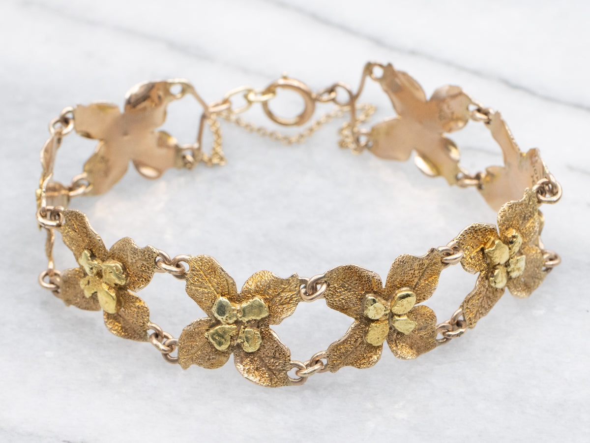 Vintage Textured Gold Flower Link Bracelet