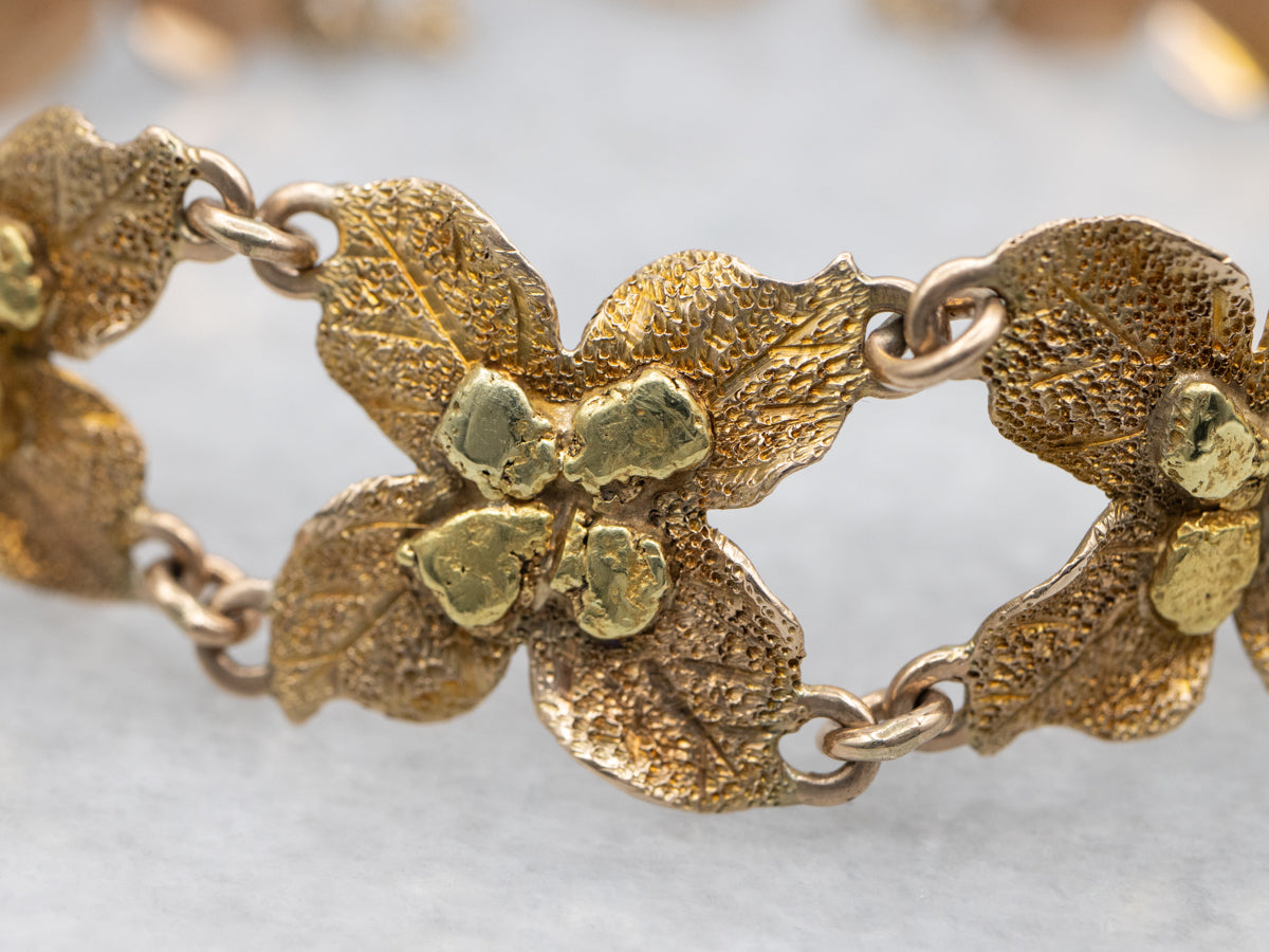 Vintage Textured Gold Flower Link Bracelet