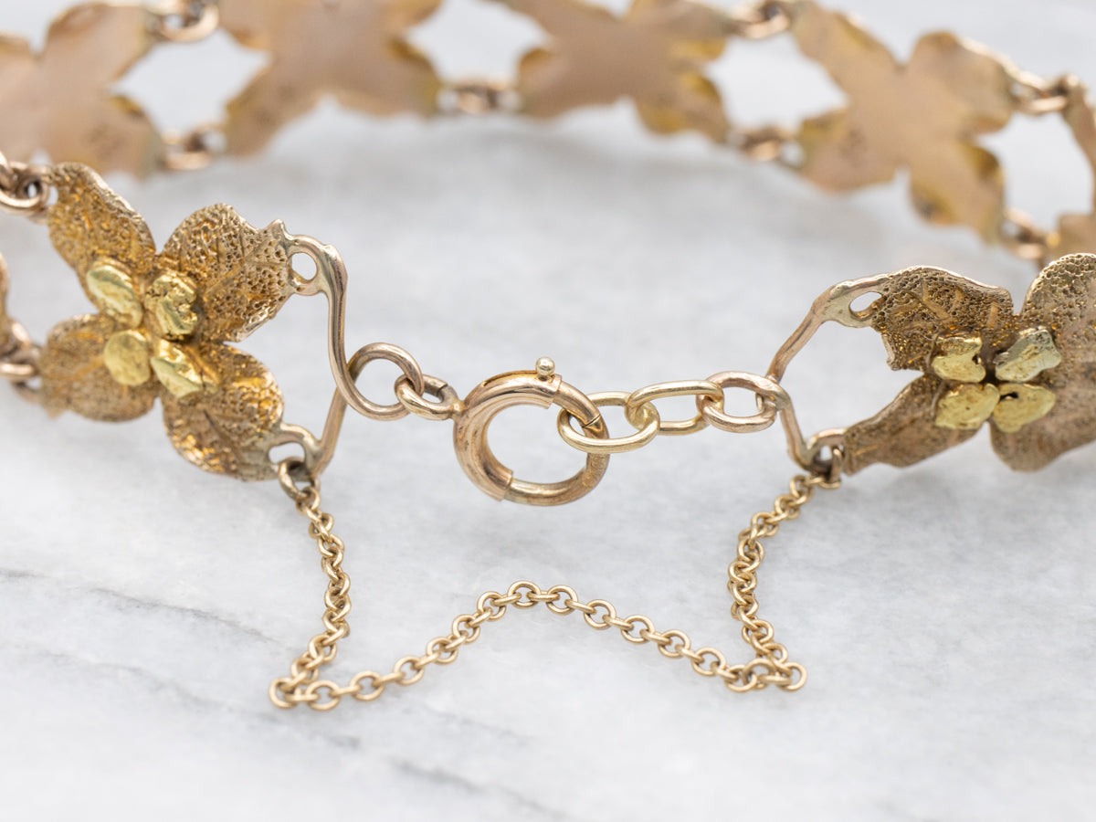 Vintage Textured Gold Flower Link Bracelet