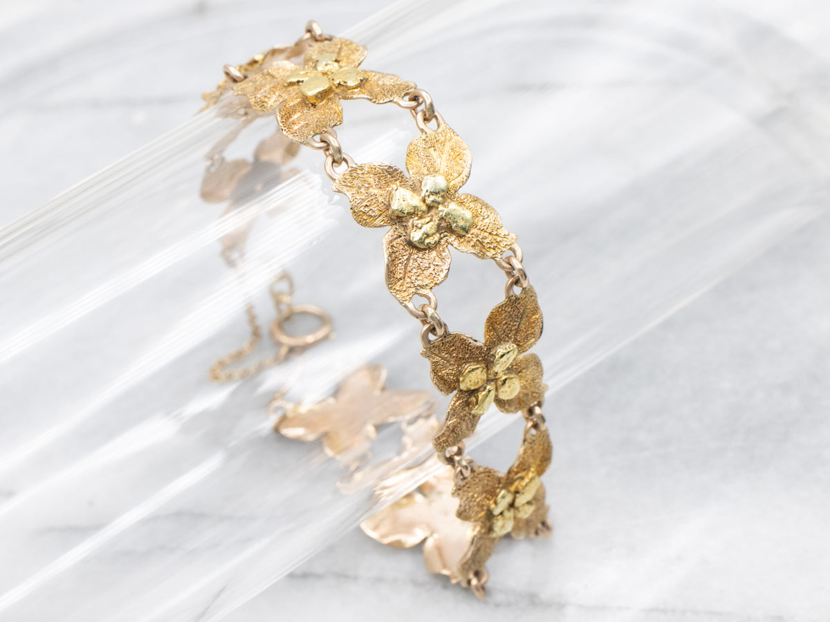 Vintage Textured Gold Flower Link Bracelet