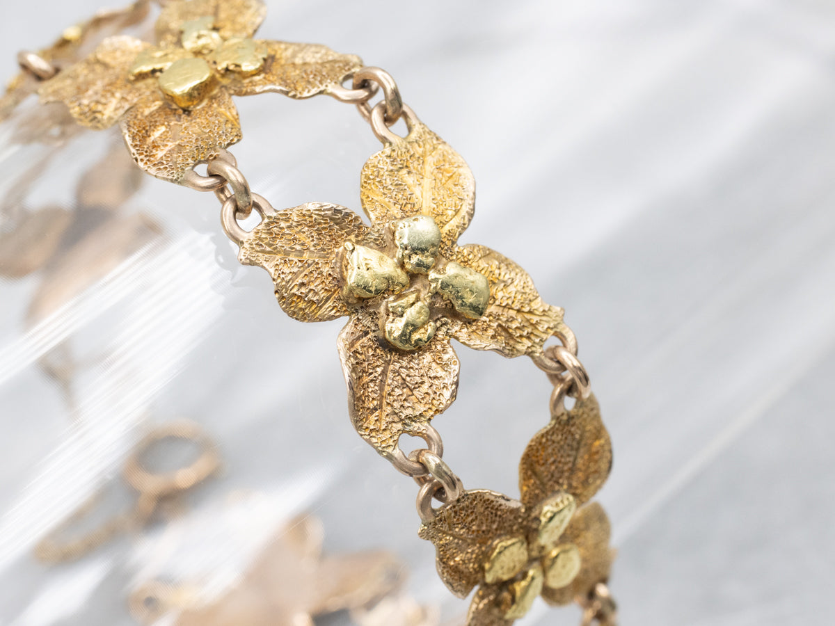 Vintage Textured Gold Flower Link Bracelet