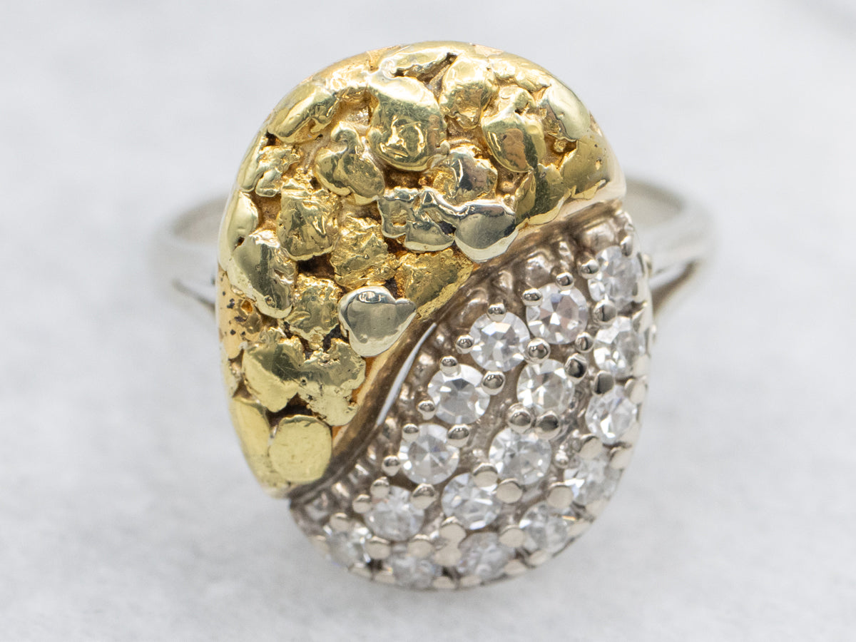 Two Toned Gold Diamond Encrusted Yin Yang Nugget Cocktail Ring