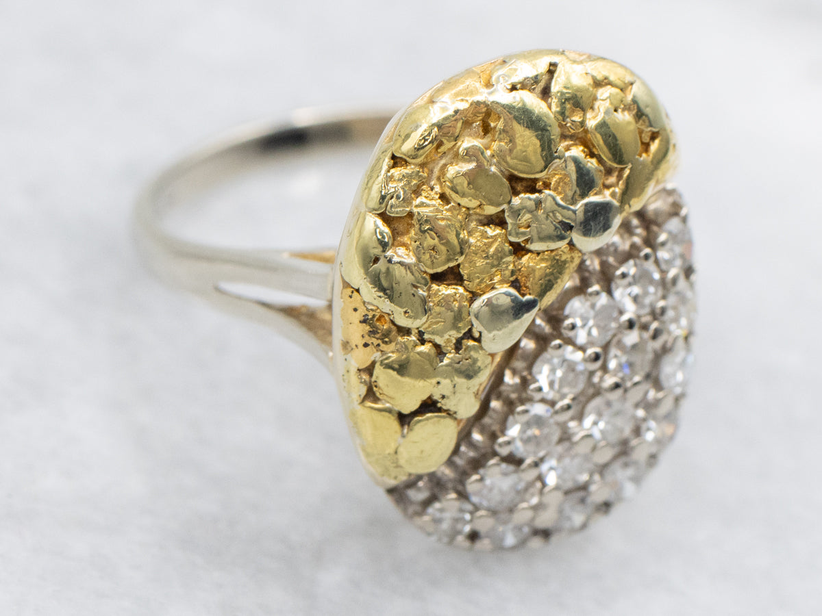 Two Toned Gold Diamond Encrusted Yin Yang Nugget Cocktail Ring
