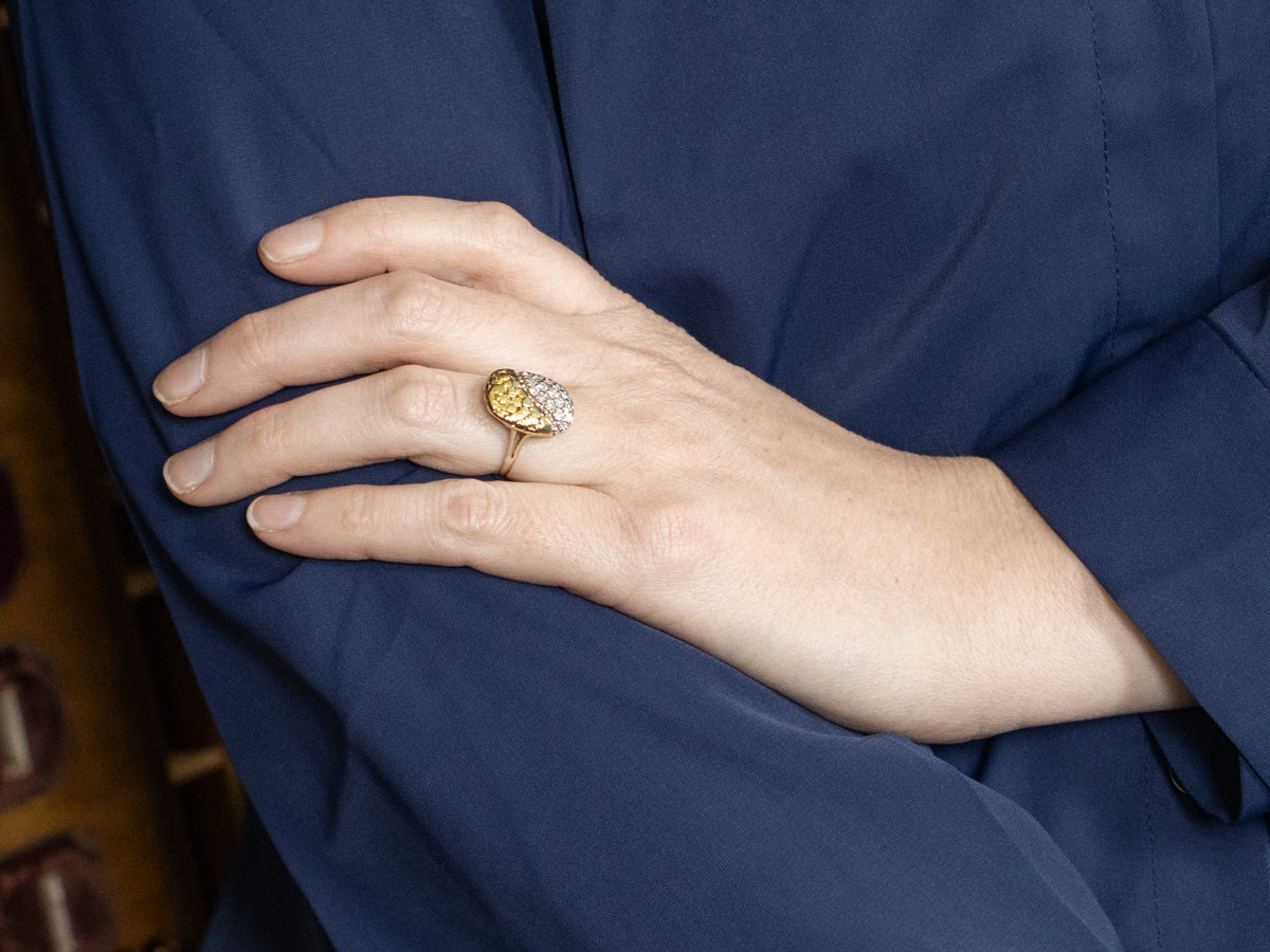 Two Toned Gold Diamond Encrusted Yin Yang Nugget Cocktail Ring