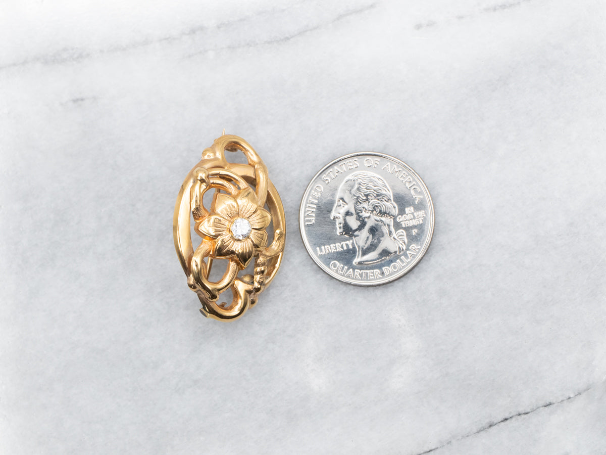 Antique Botanical Brooch with Diamond Accent