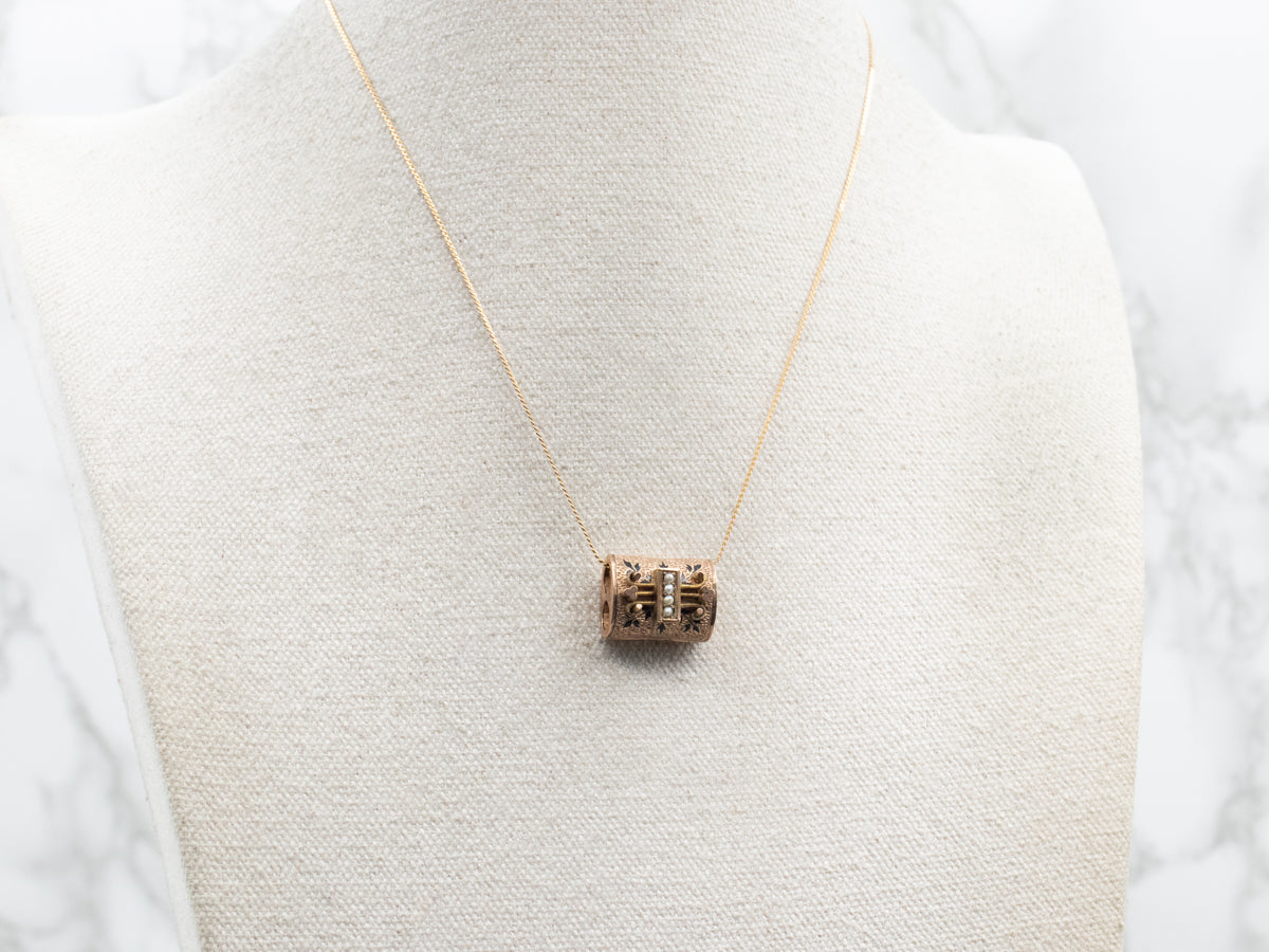 Antique Victorian Seed Pearl and Enamel Slide Pendant