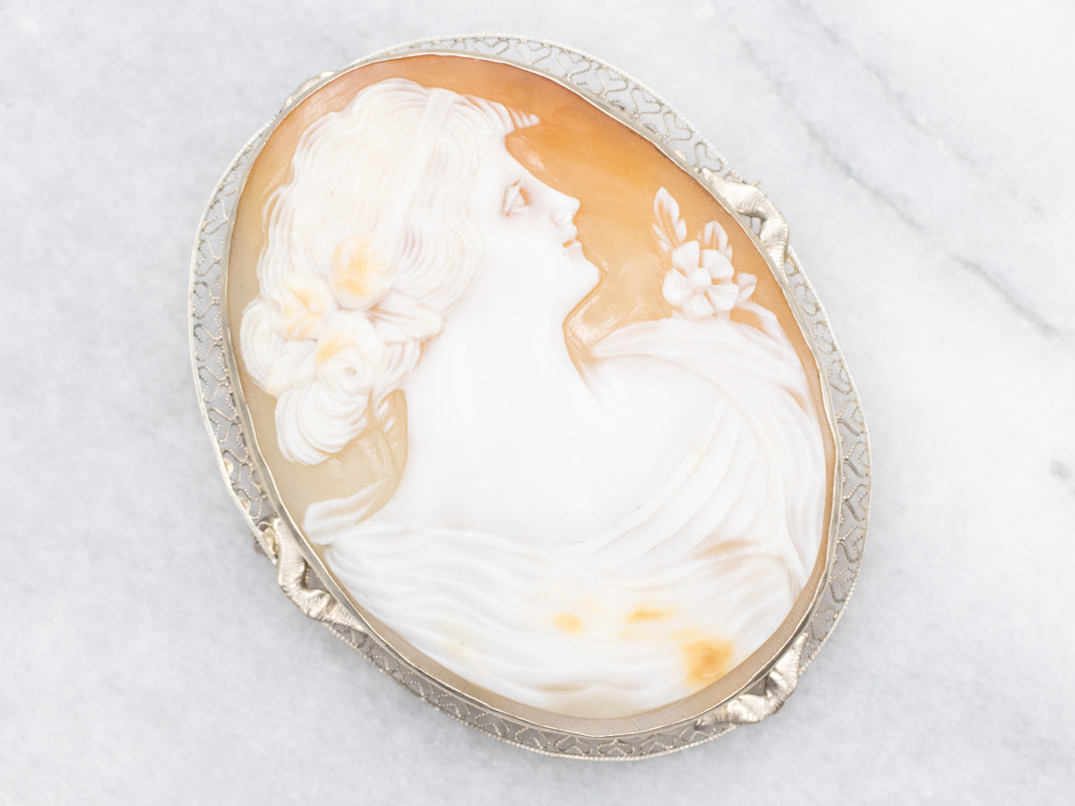 Romantic White Gold Antique Filigree Floral Cameo Pin or Pendant