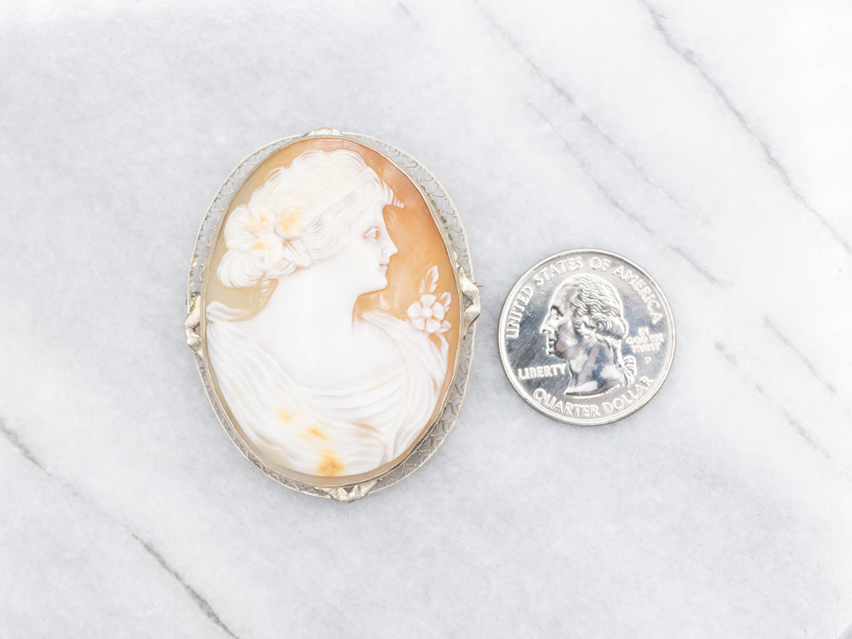 Romantic White Gold Antique Filigree Floral Cameo Pin or Pendant