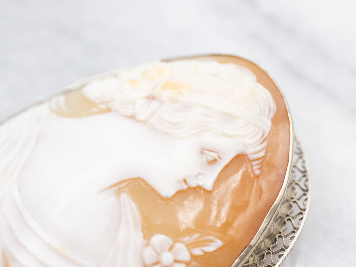 Romantic White Gold Antique Filigree Floral Cameo Pin or Pendant