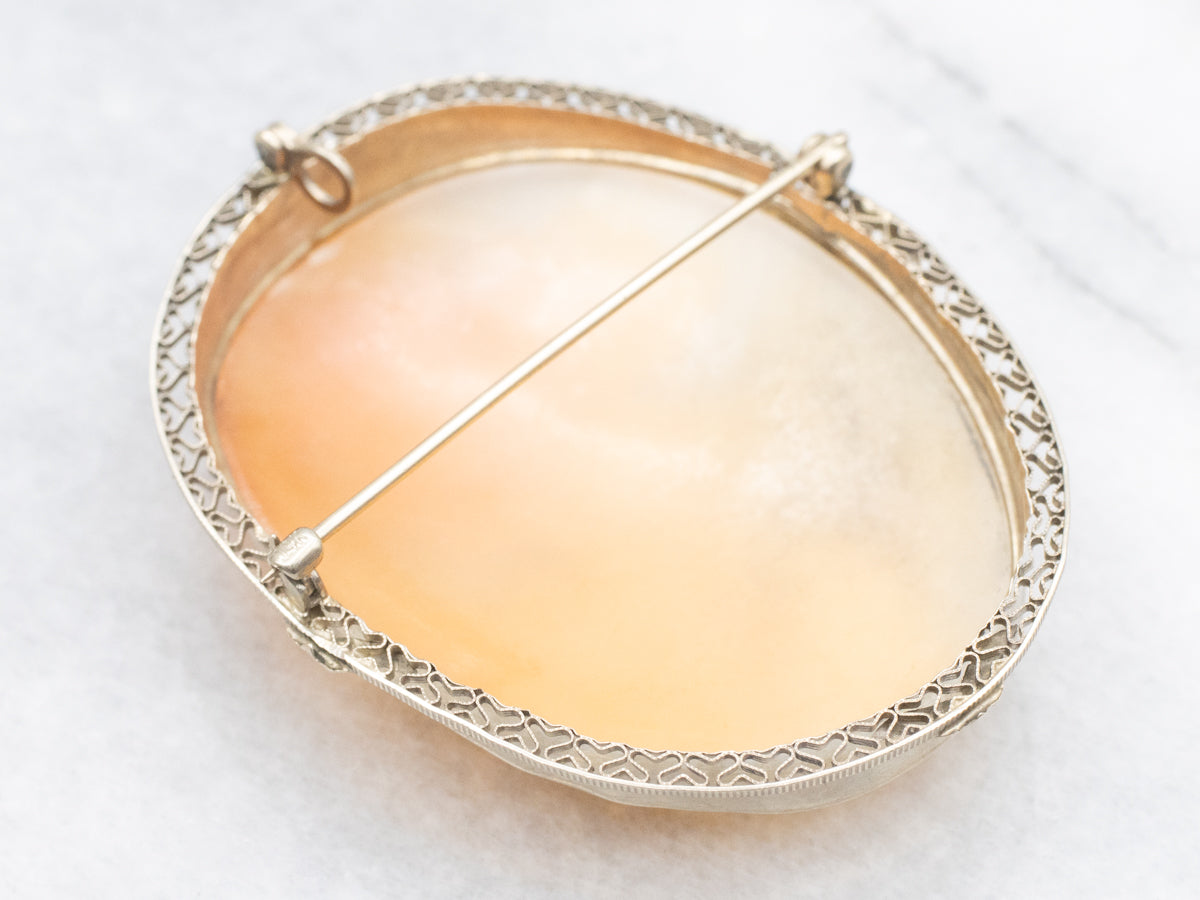 Romantic White Gold Antique Filigree Floral Cameo Pin or Pendant