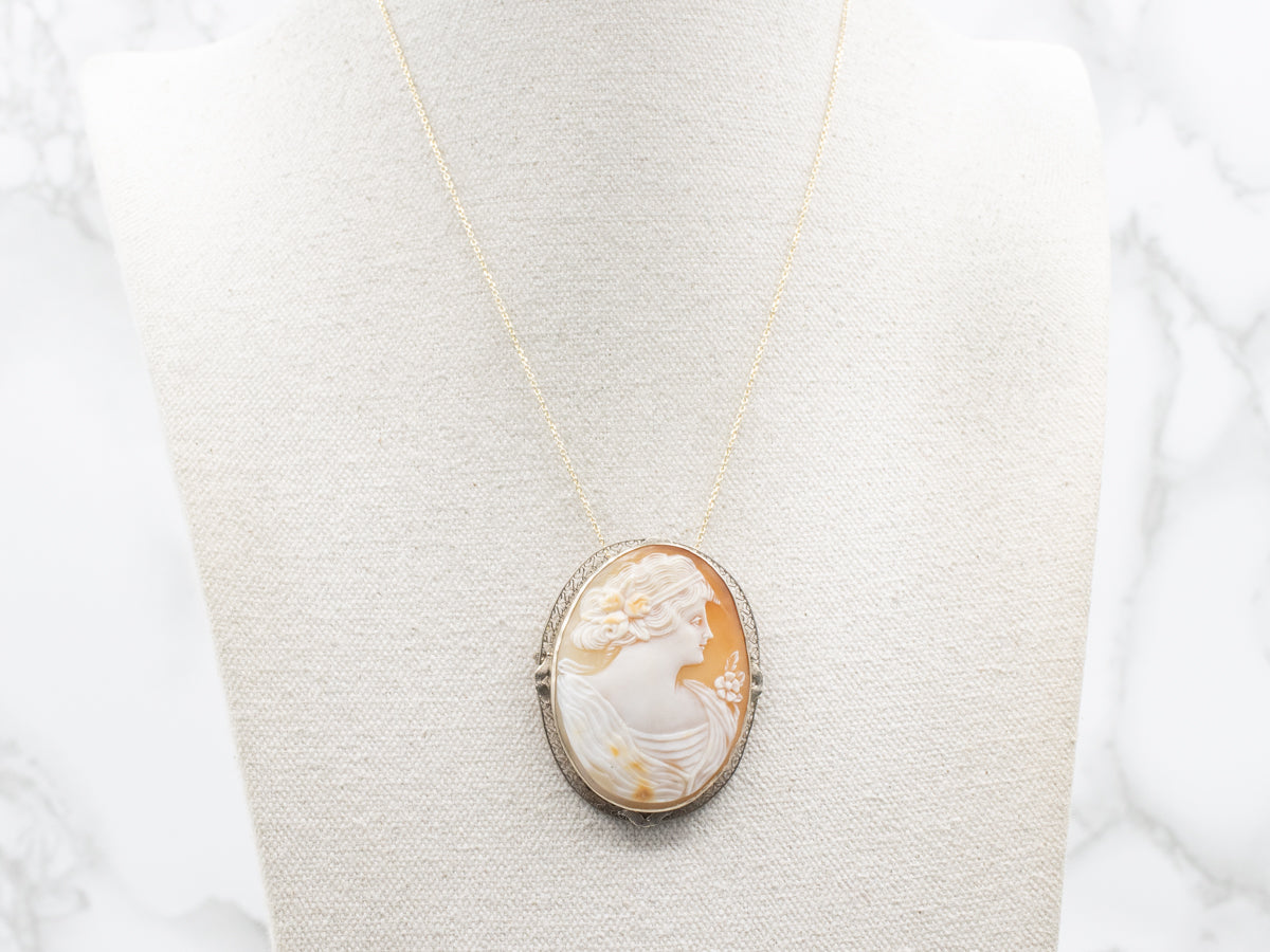 Romantic White Gold Antique Filigree Floral Cameo Pin or Pendant