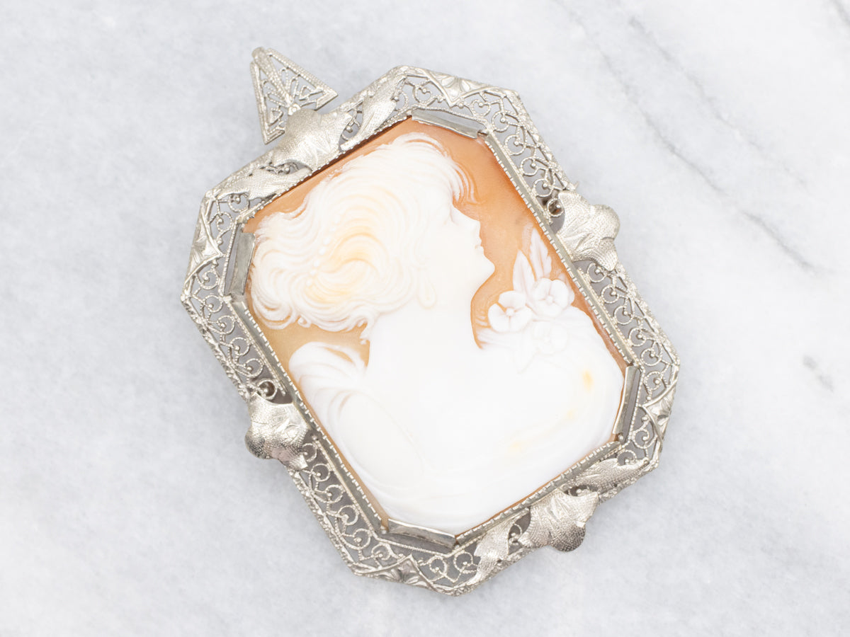 Floral White Gold Filigree Art Deco Cameo Pin or Pendant