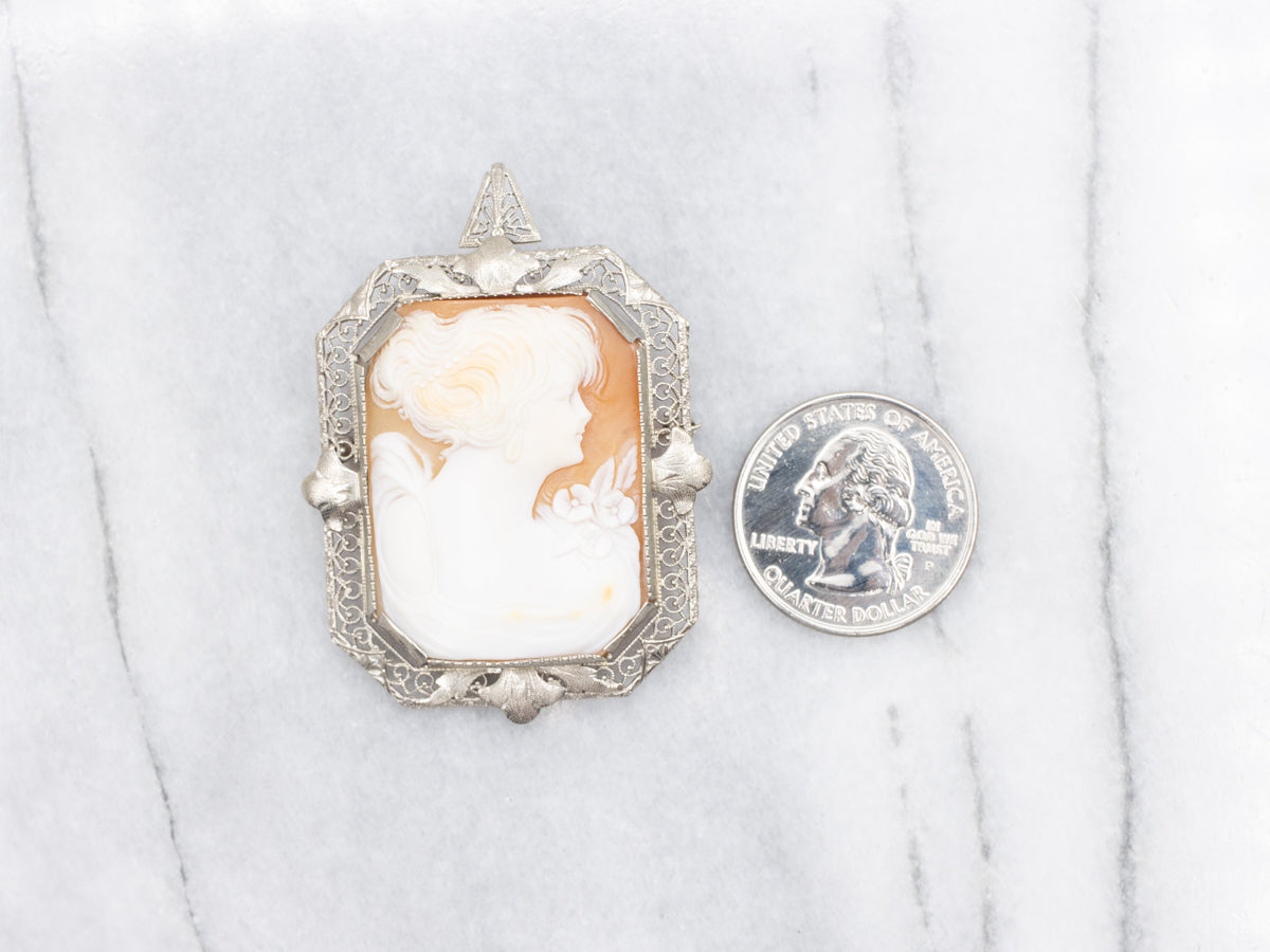 Floral White Gold Filigree Art Deco Cameo Pin or Pendant