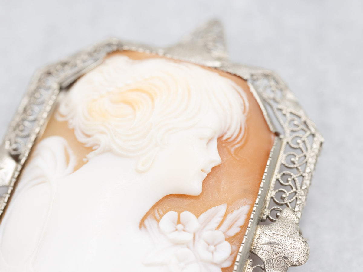 Floral White Gold Filigree Art Deco Cameo Pin or Pendant