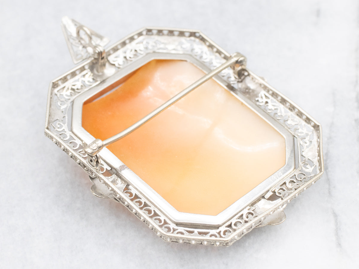 Floral White Gold Filigree Art Deco Cameo Pin or Pendant