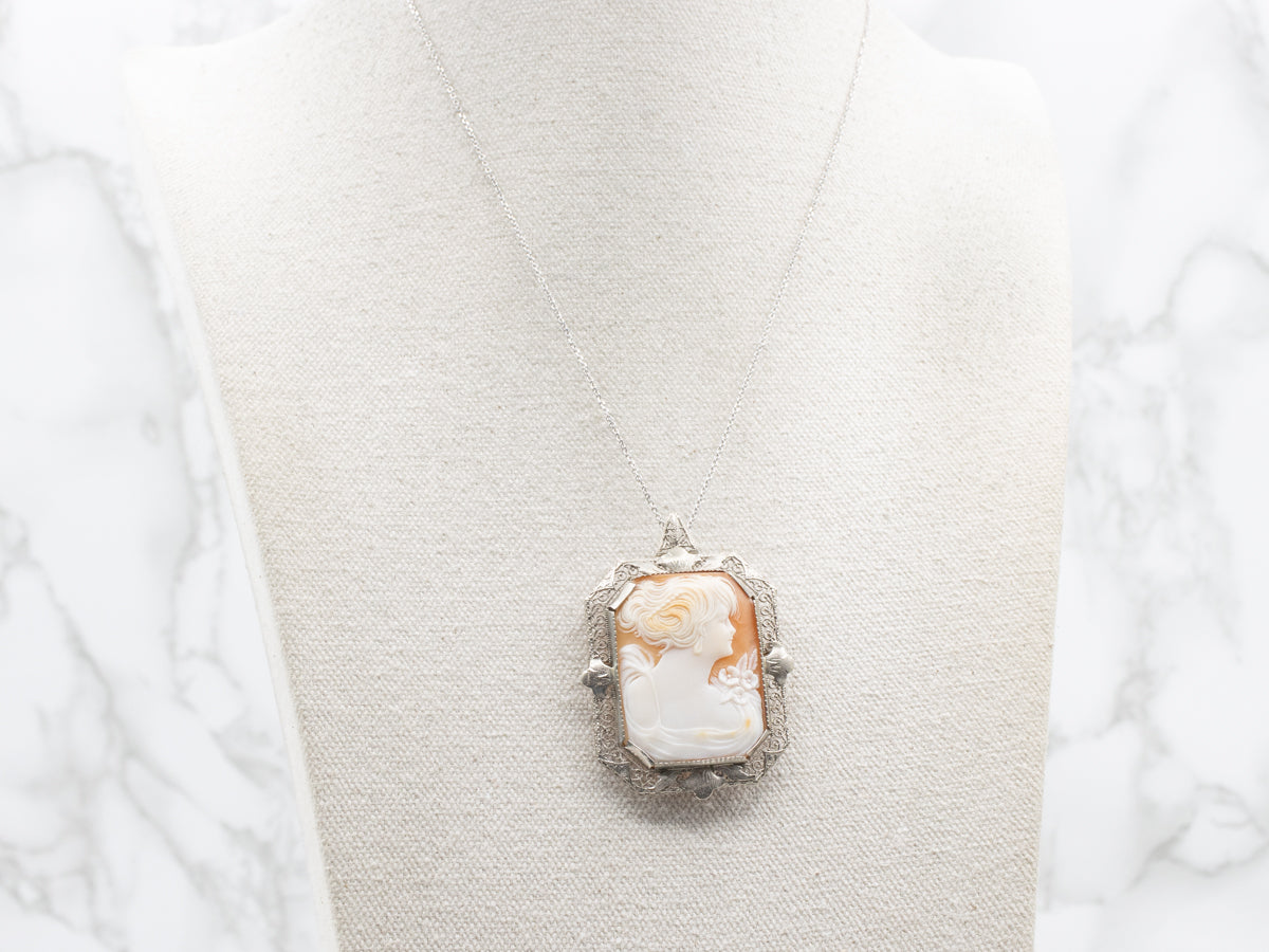 Floral White Gold Filigree Art Deco Cameo Pin or Pendant