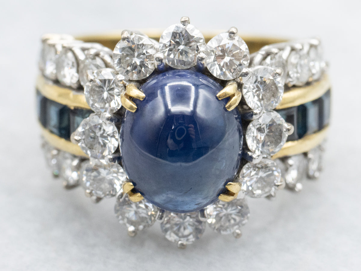 High-End Sapphire Cabochon and Diamond Gold and Platinum Statement Ring