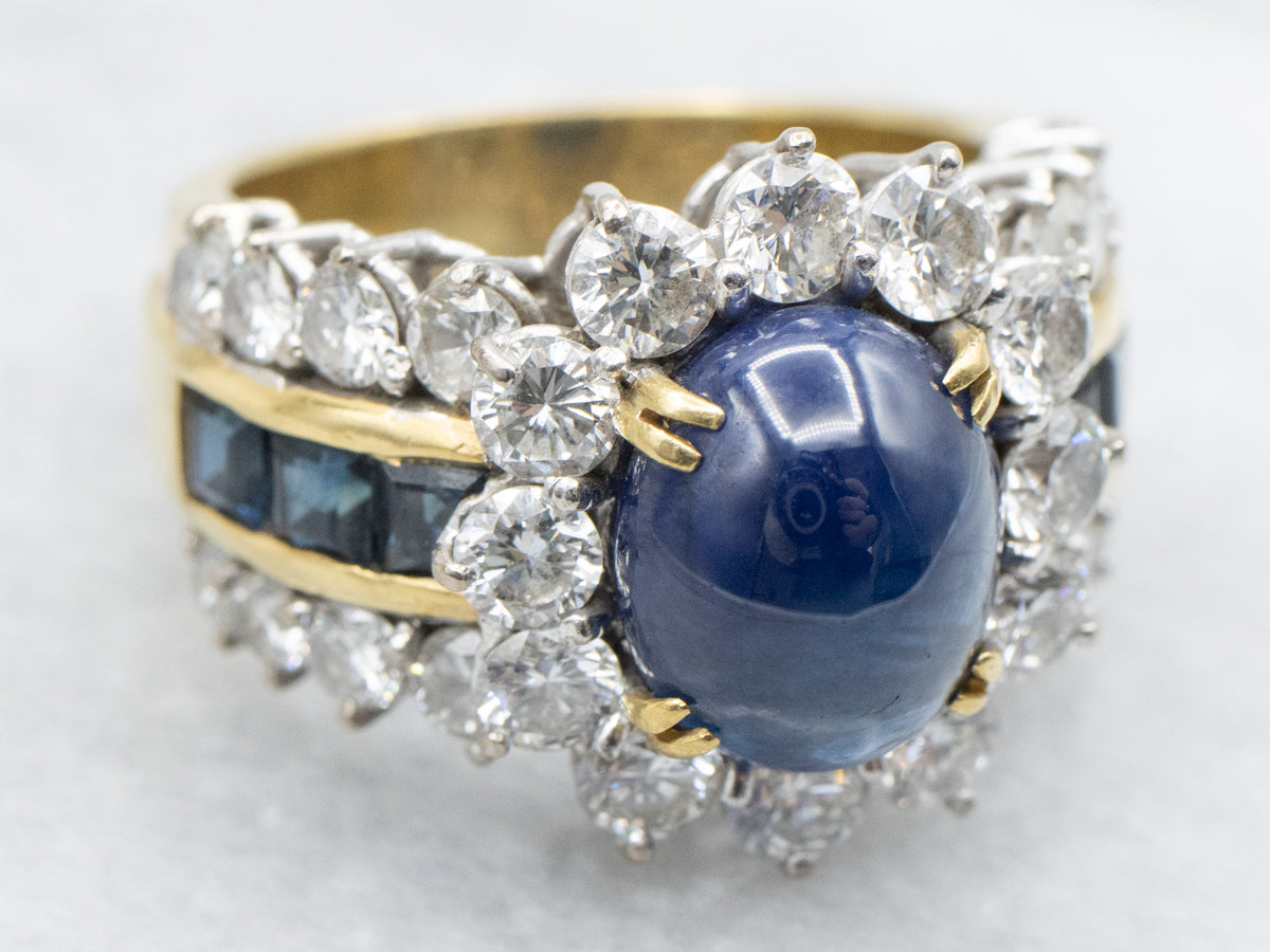 High-End Sapphire Cabochon and Diamond Gold and Platinum Statement Ring