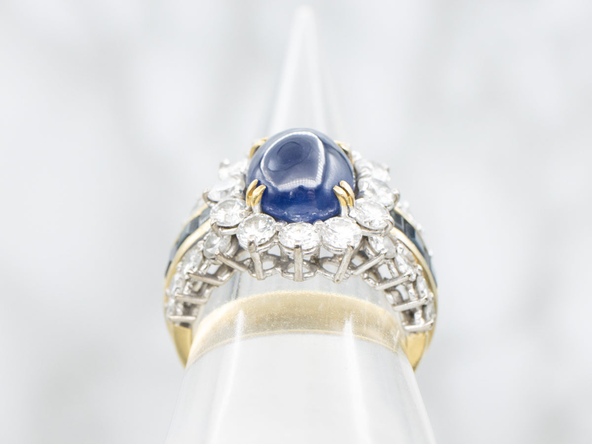 High-End Sapphire Cabochon and Diamond Gold and Platinum Statement Ring