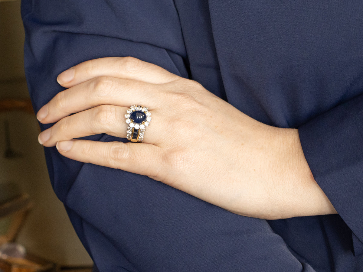 High-End Sapphire Cabochon and Diamond Gold and Platinum Statement Ring
