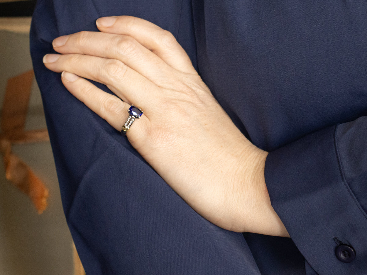 Modern Platinum and Gold Sapphire and Diamond Ring