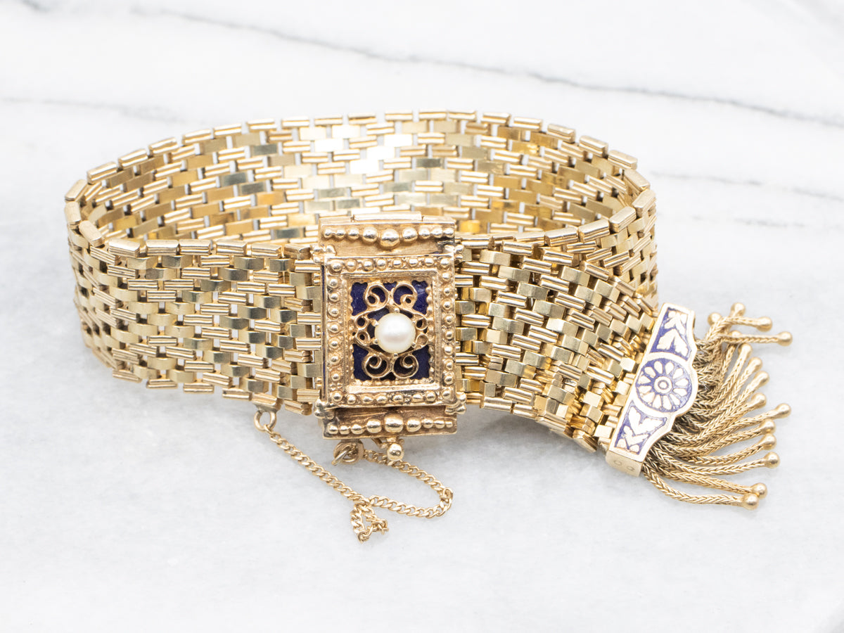 Pulsera deslizante de malla de esmalte azul y perlas victorianas de mediados de siglo de oro amarillo de 14 quilates