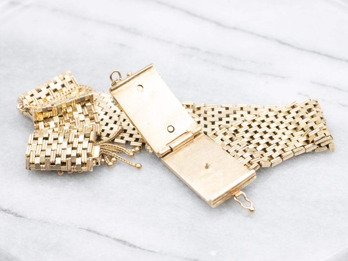 Pulsera deslizante de malla de esmalte azul y perlas victorianas de mediados de siglo de oro amarillo de 14 quilates