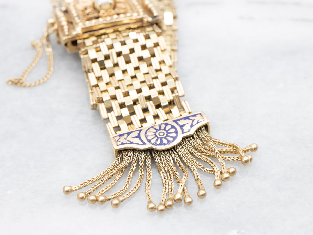 Pulsera deslizante de malla de esmalte azul y perlas victorianas de mediados de siglo de oro amarillo de 14 quilates