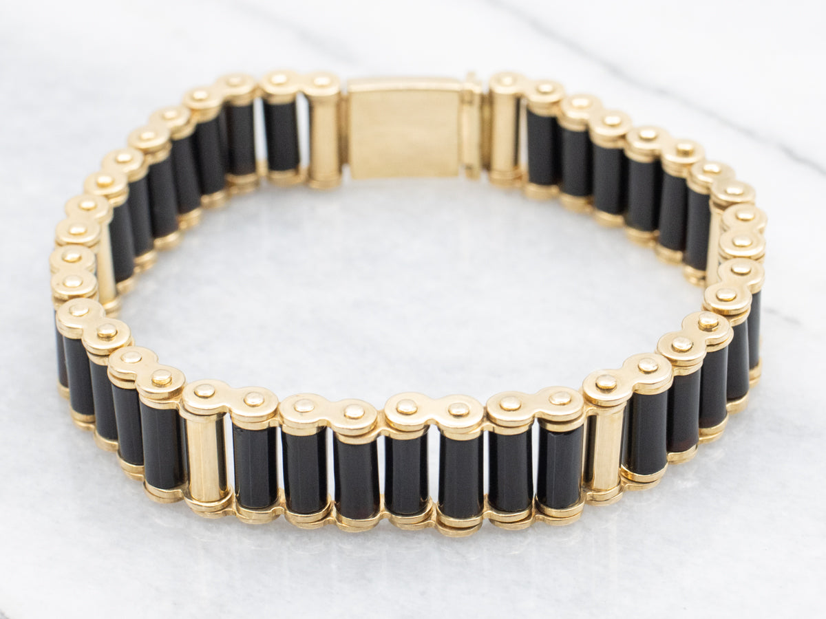 Vintage 18-Karat Gold and Black Onyx Cylinder Beaded Bracelet
