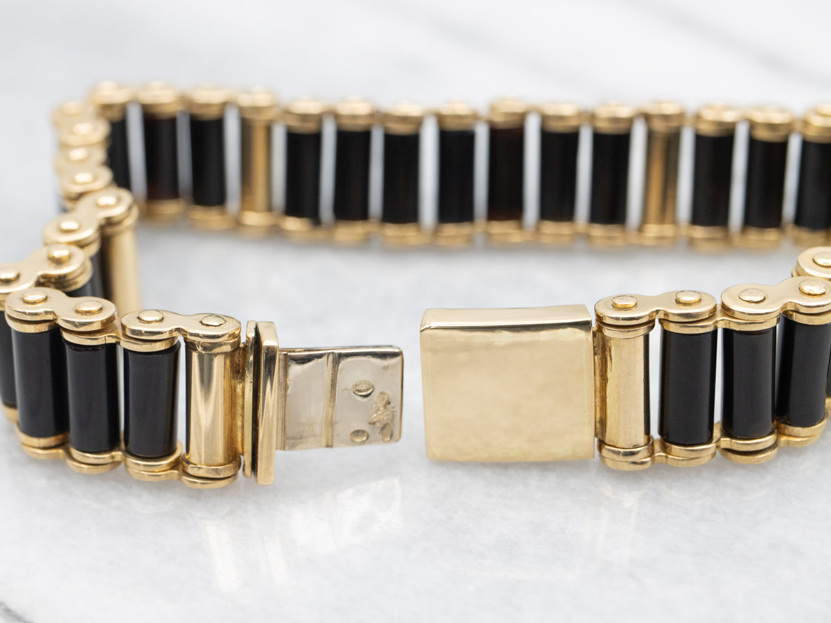 Vintage 18-Karat Gold and Black Onyx Cylinder Beaded Bracelet
