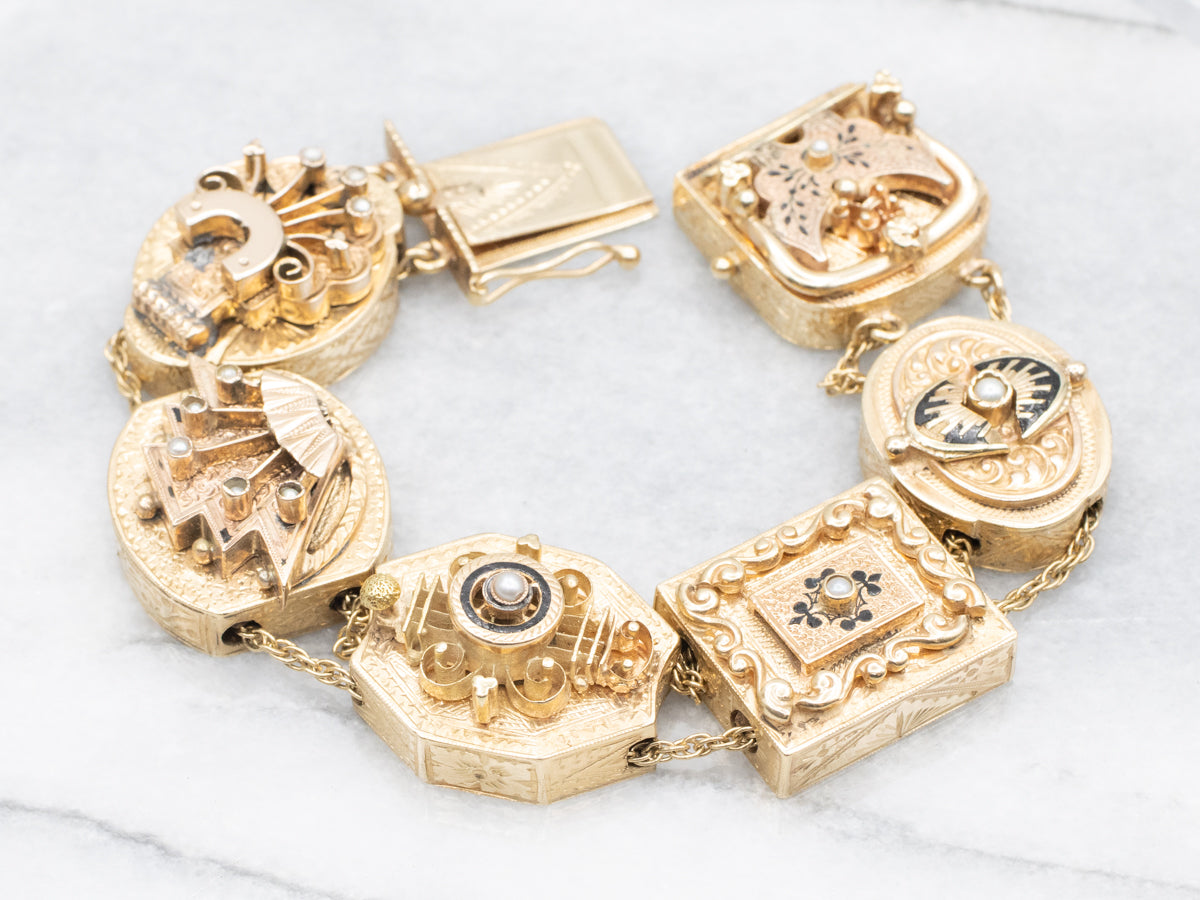 Rare Seed Pearl and Black Enamel Floral Slide Bracelet from Victorian Era