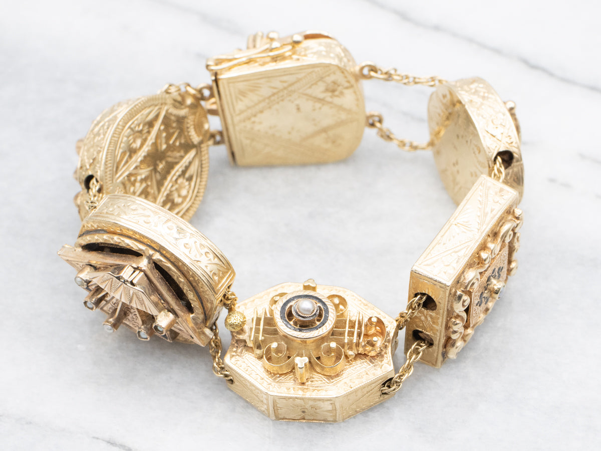 Rare Seed Pearl and Black Enamel Floral Slide Bracelet from Victorian Era