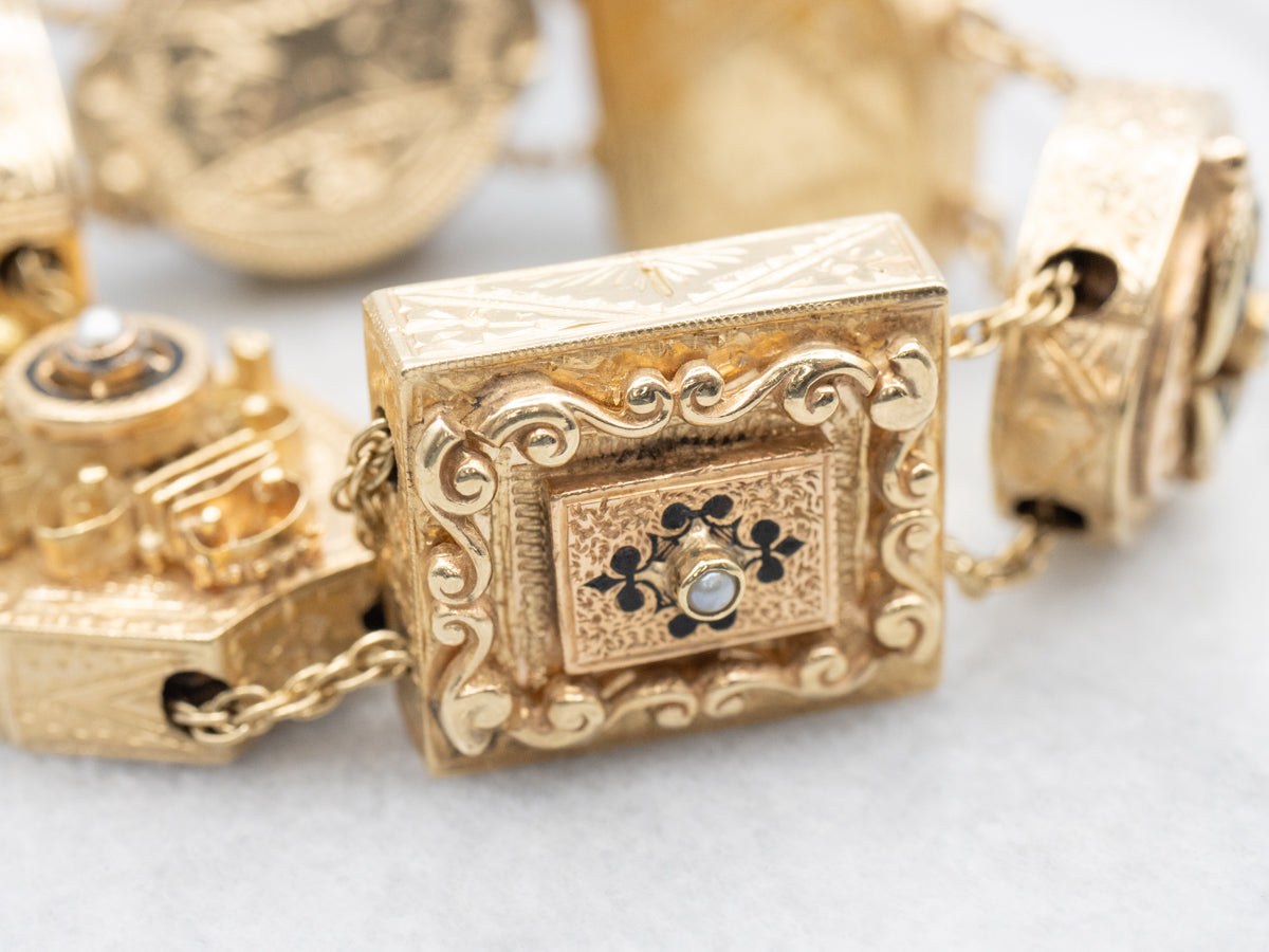 Rare Seed Pearl and Black Enamel Floral Slide Bracelet from Victorian Era