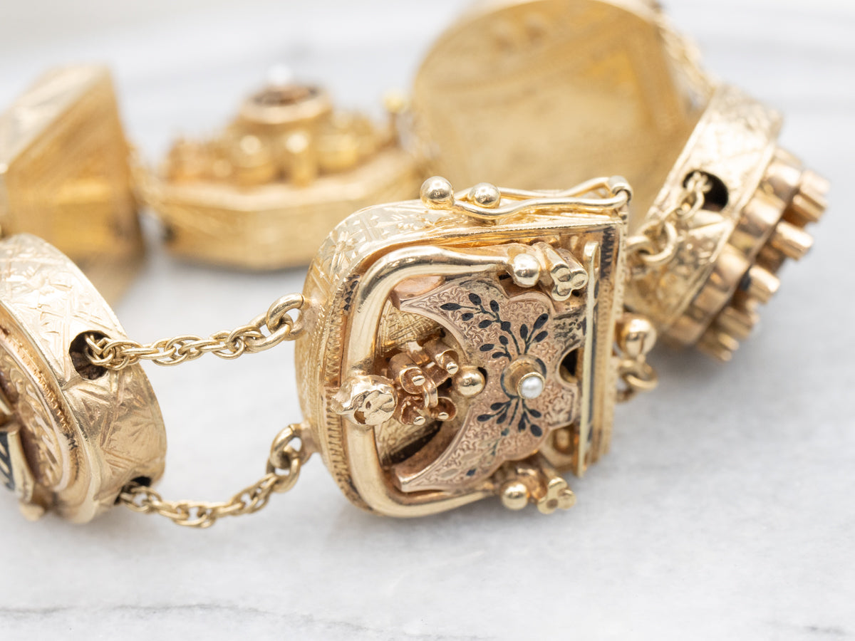 Rare Seed Pearl and Black Enamel Floral Slide Bracelet from Victorian Era