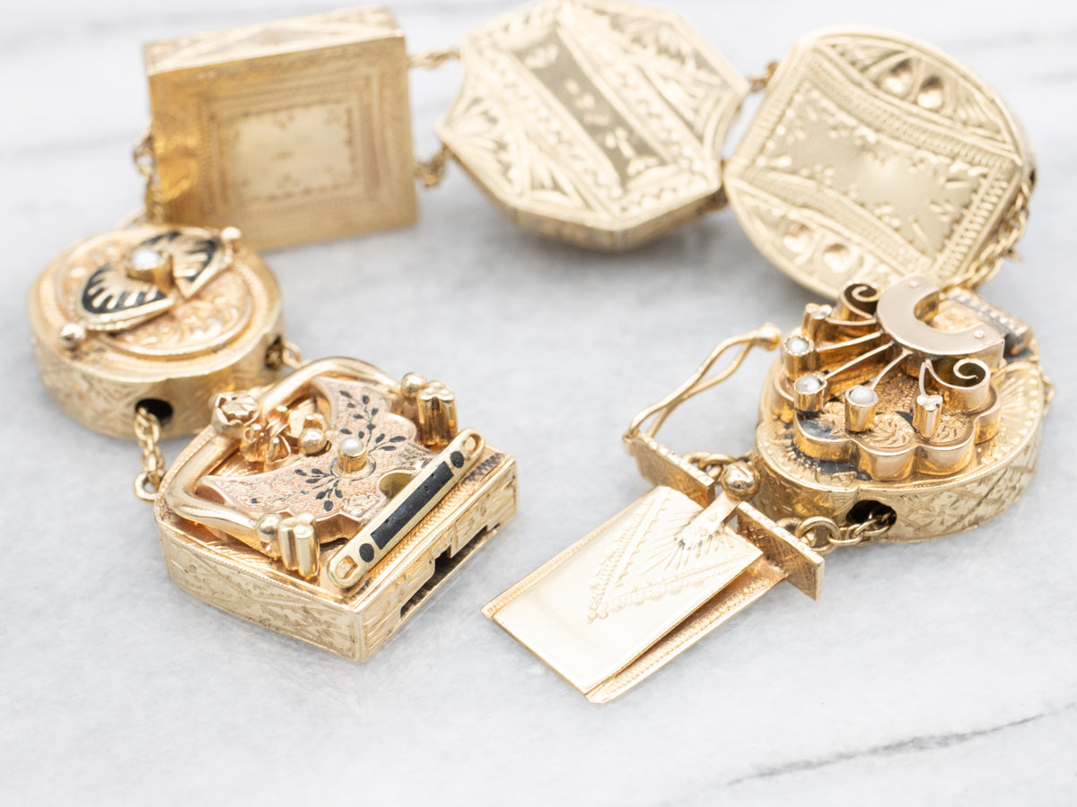 Rare Seed Pearl and Black Enamel Floral Slide Bracelet from Victorian Era