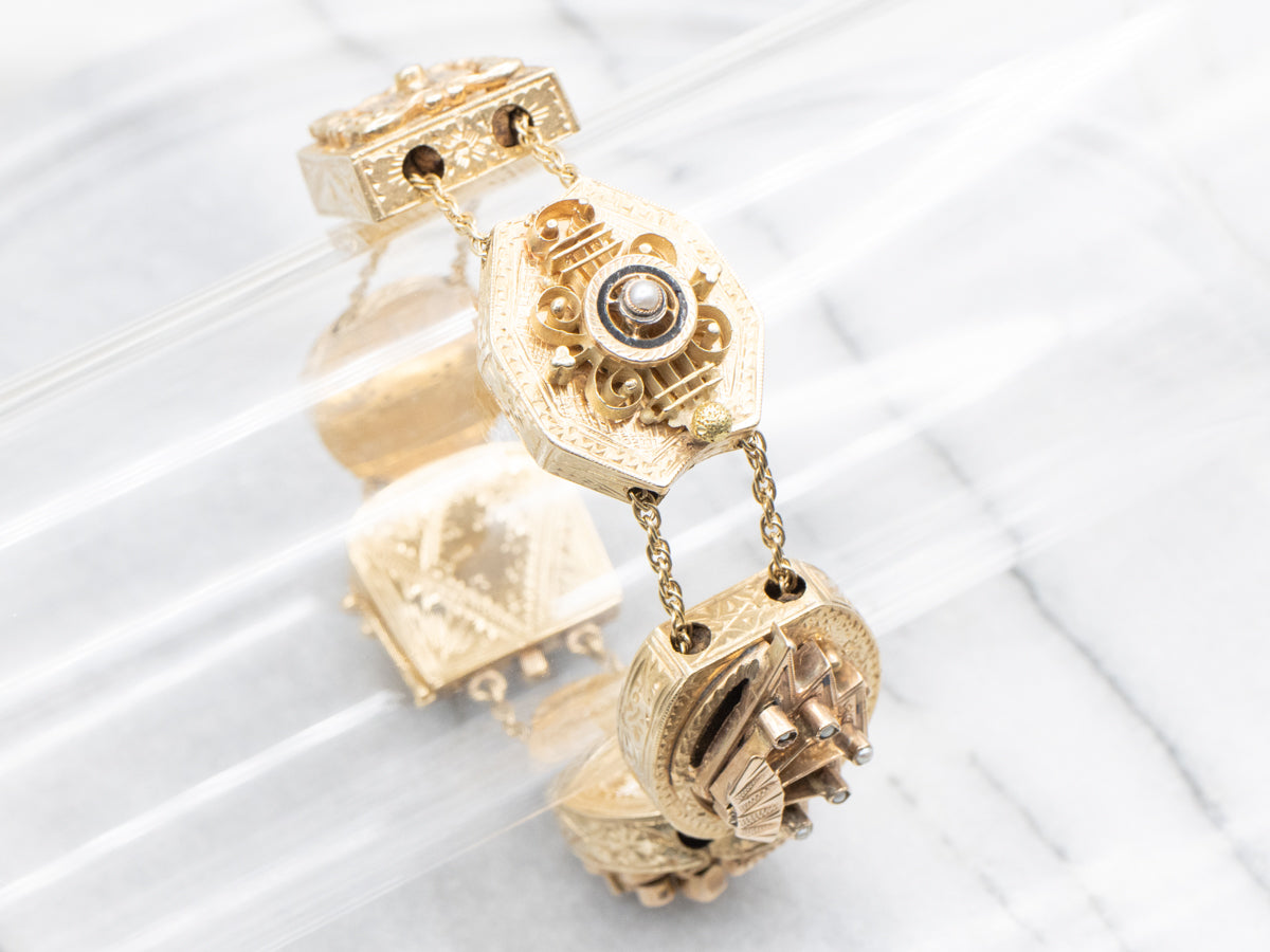 Rare Seed Pearl and Black Enamel Floral Slide Bracelet from Victorian Era