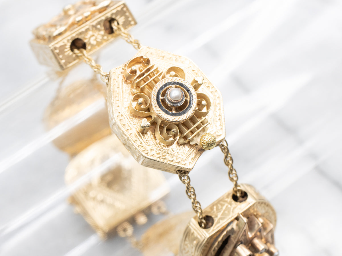 Rare Seed Pearl and Black Enamel Floral Slide Bracelet from Victorian Era